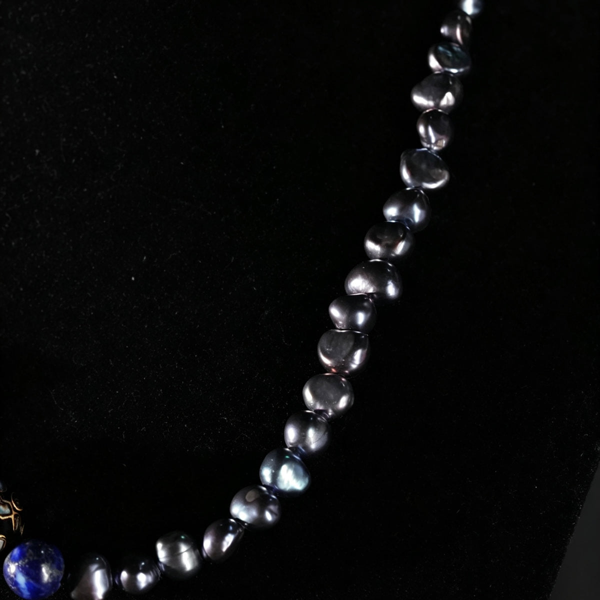 3K Gold Lapis Lazuli Freshwater Pearl & Lacquer Bead Necklace, Lab Grown Sapphire Clasp Statement Jewelry