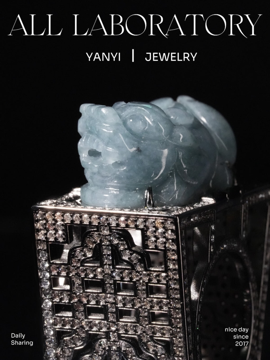 Icy Blue Jade Pixiu Ring with Moissanite Chinese Window Lattice Setting