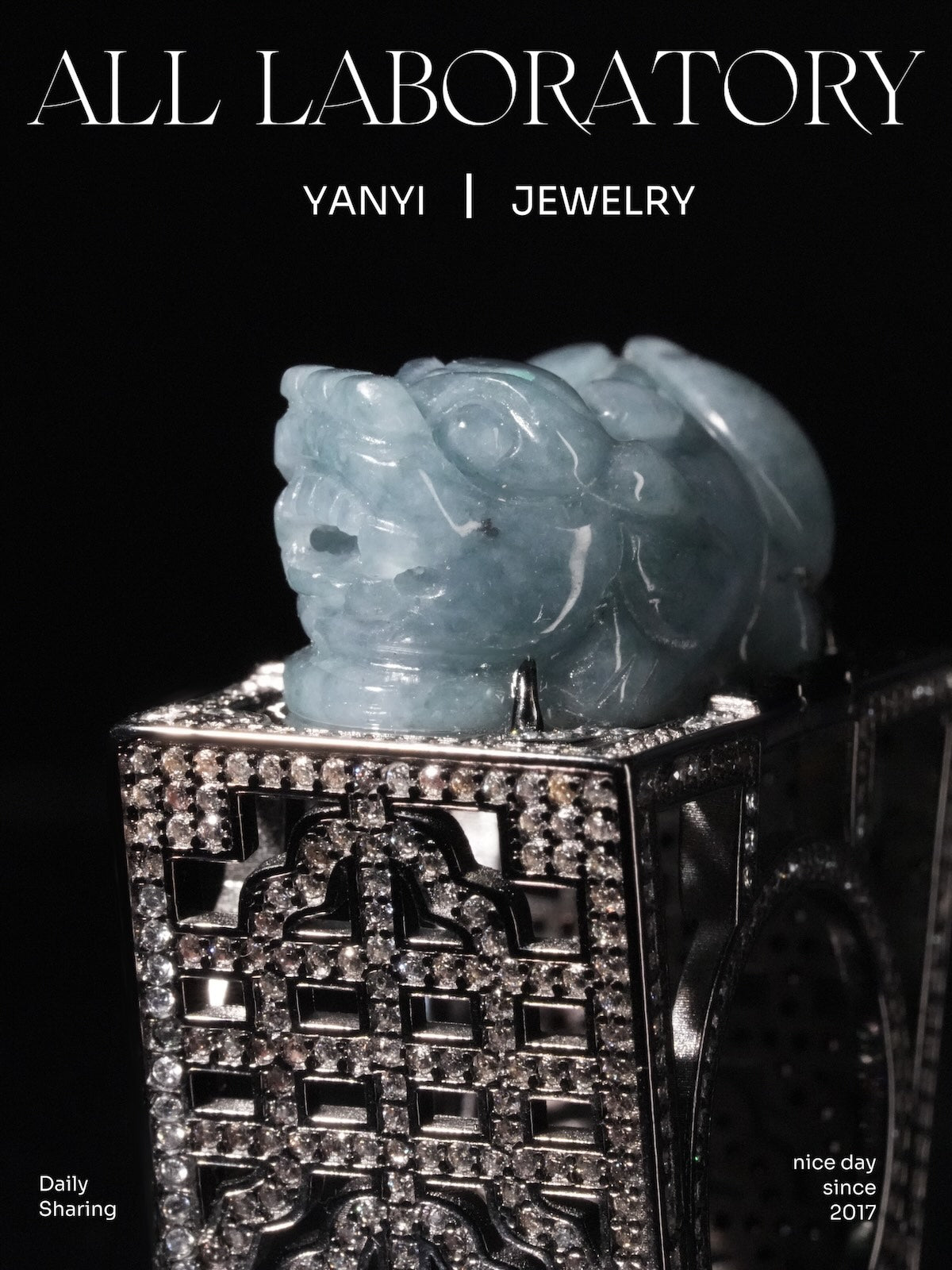 Icy Blue Jade Pixiu Ring with Moissanite Chinese Window Lattice Setting