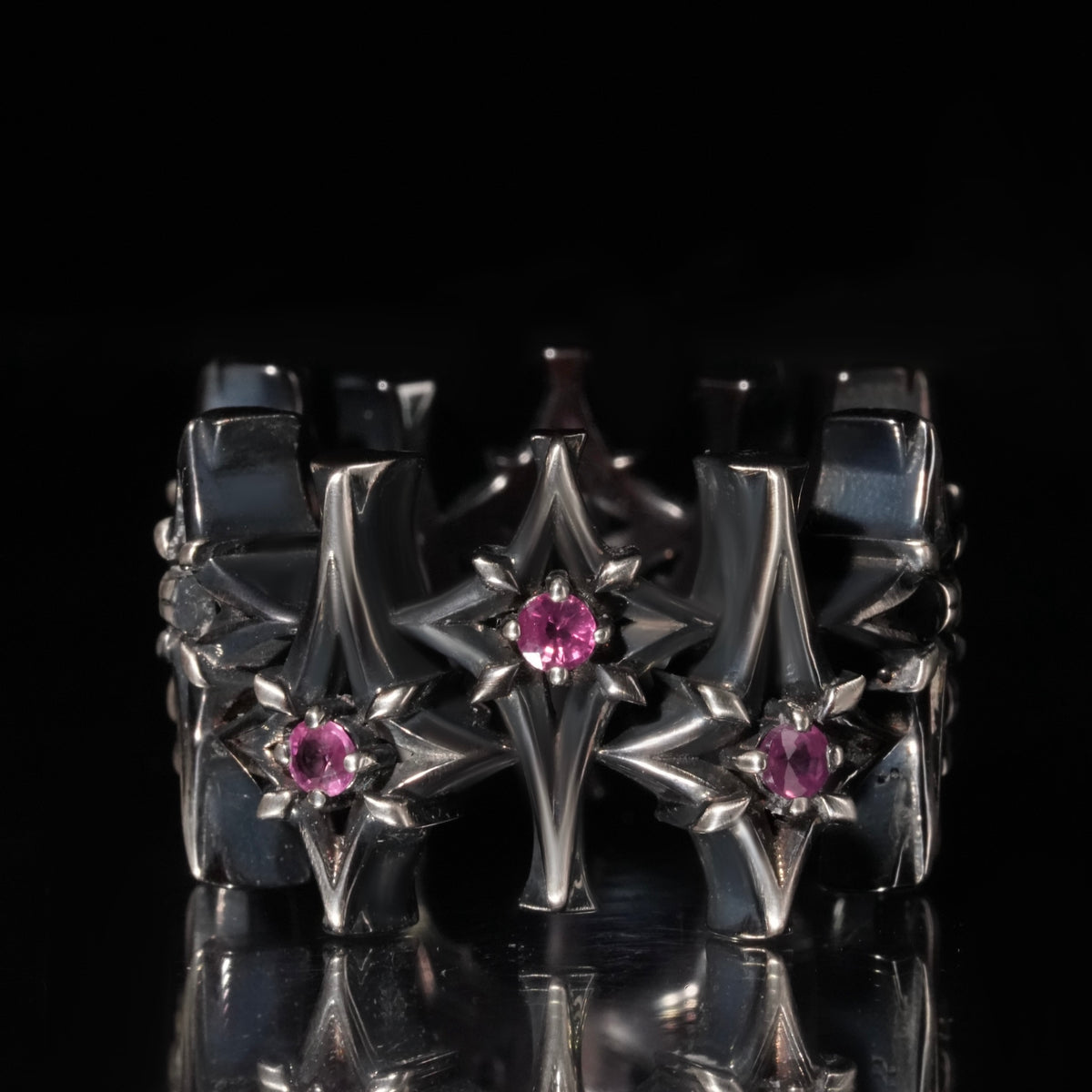 3K Solid Gold Natural Pink Sapphire Ring, Rhodium Black Plated Star Design Gemstone Jewelry