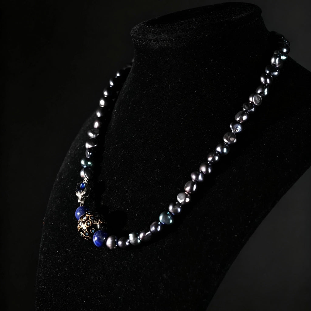 3K Gold Lapis Lazuli Freshwater Pearl & Lacquer Bead Necklace, Lab Grown Sapphire Clasp Statement Jewelry