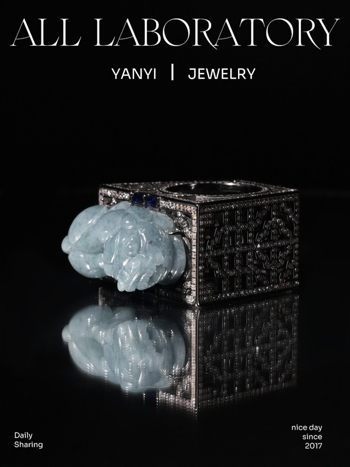 Icy Blue Jade Pixiu Ring with Moissanite Chinese Window Lattice Setting