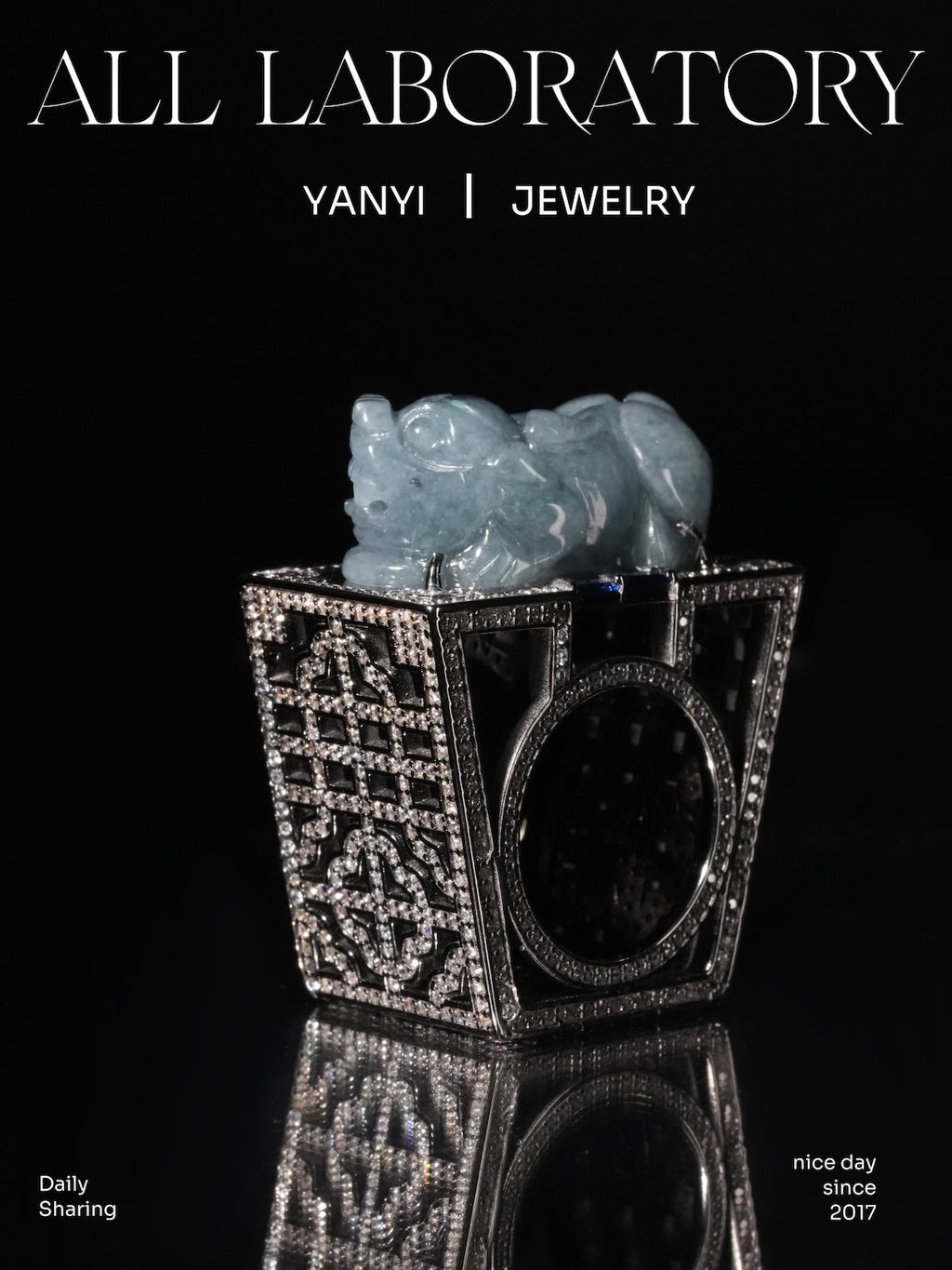 Icy Blue Jade Pixiu Ring with Moissanite Chinese Window Lattice Setting
