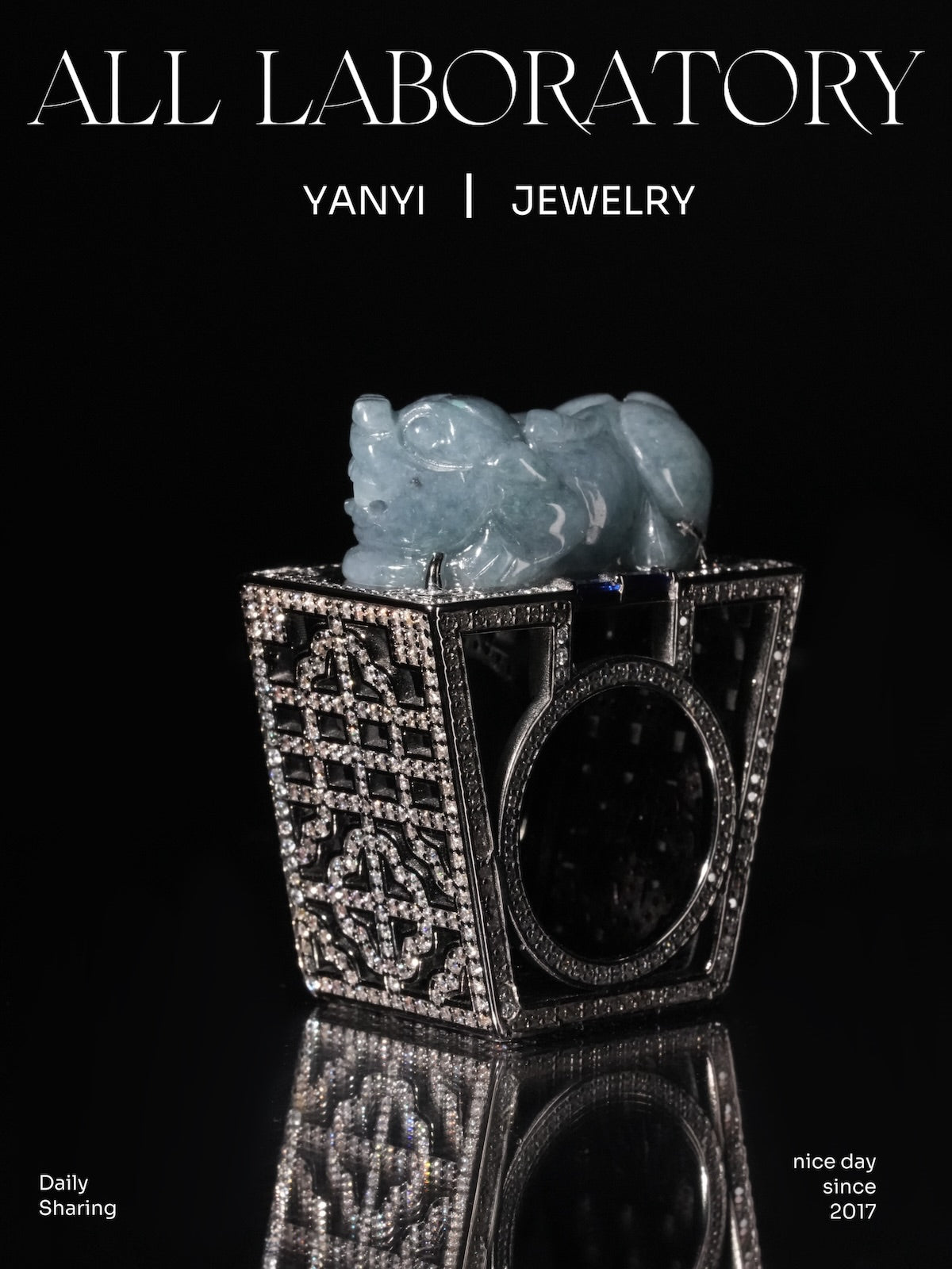 Icy Blue Jade Pixiu Ring with Moissanite Chinese Window Lattice Setting