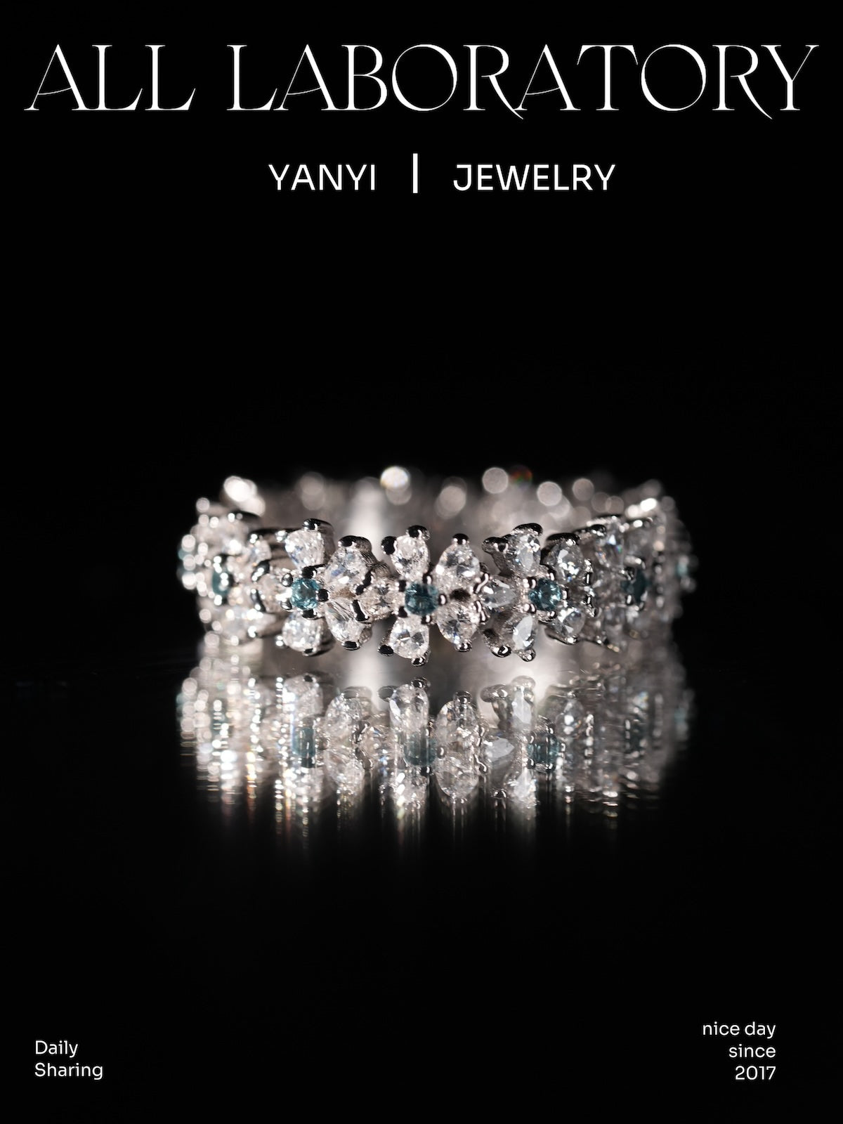 3K White Gold Crushed Ice Floral Ring — Moissanite & Crystal