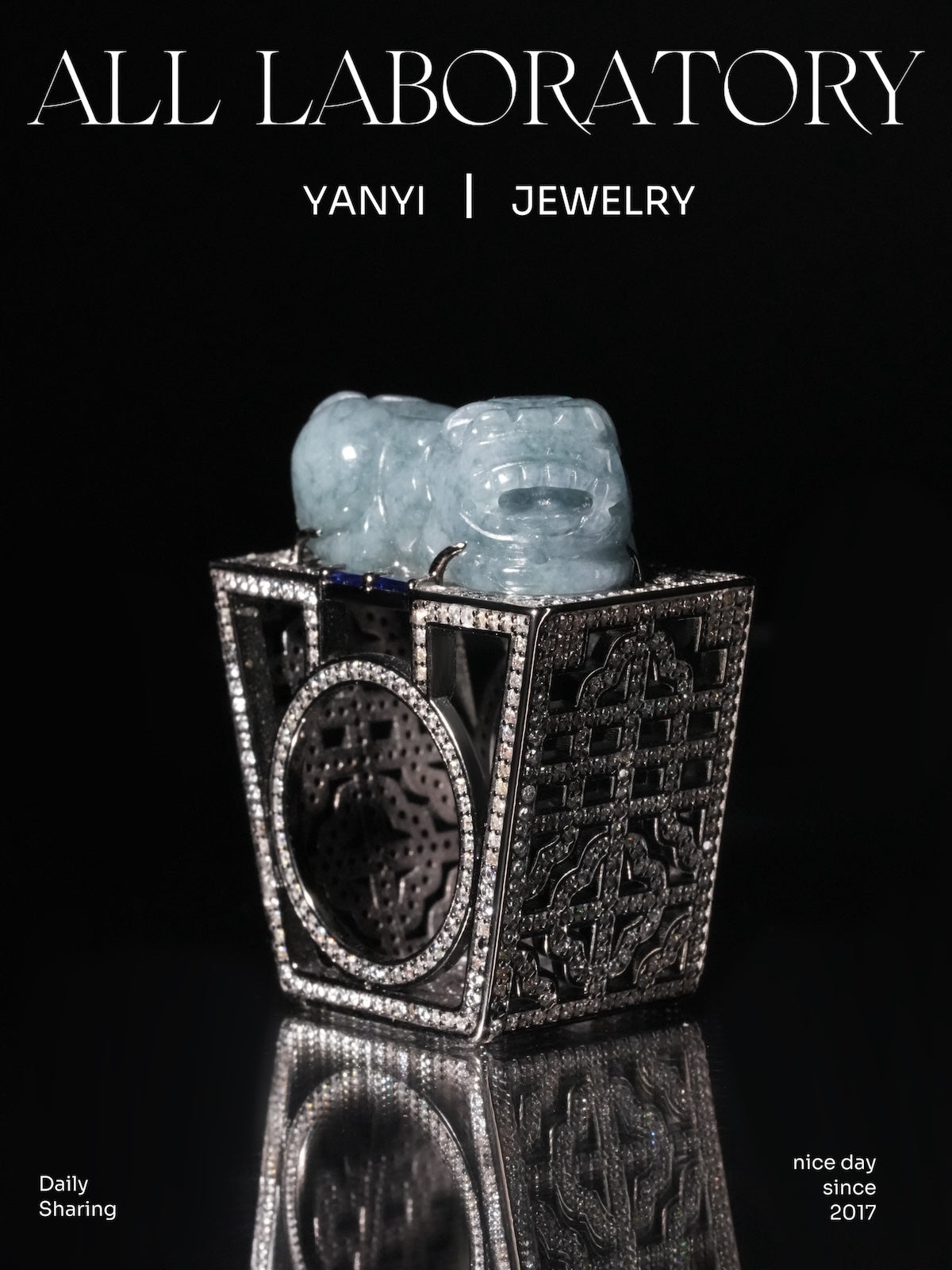 Icy Blue Jade Pixiu Ring with Moissanite Chinese Window Lattice Setting