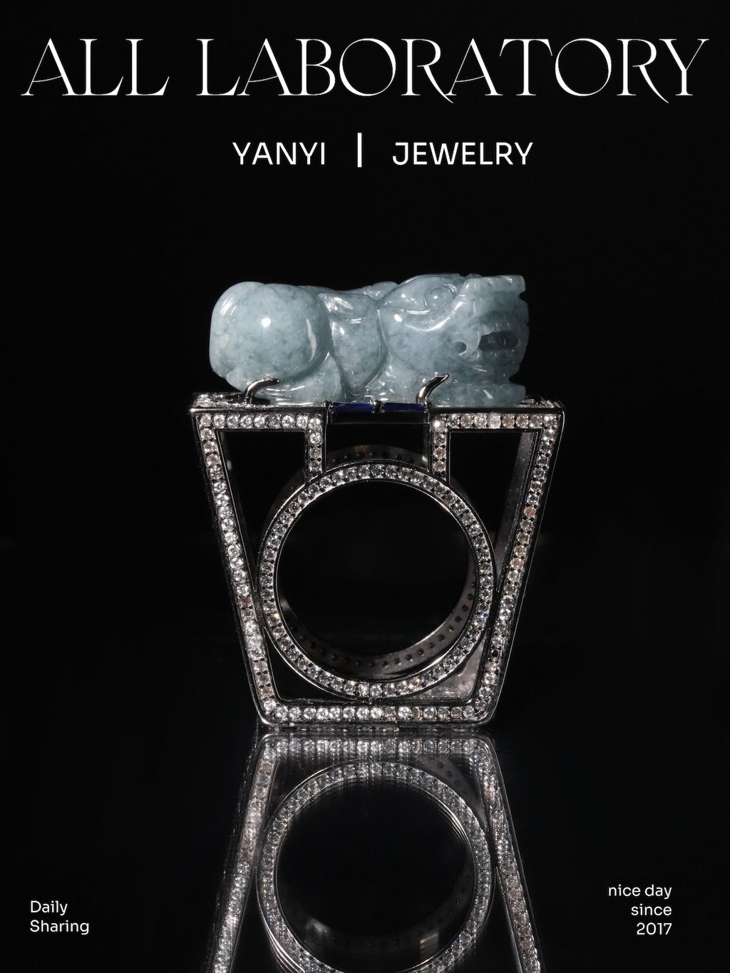 Icy Blue Jade Pixiu Ring with Moissanite Chinese Window Lattice Setting