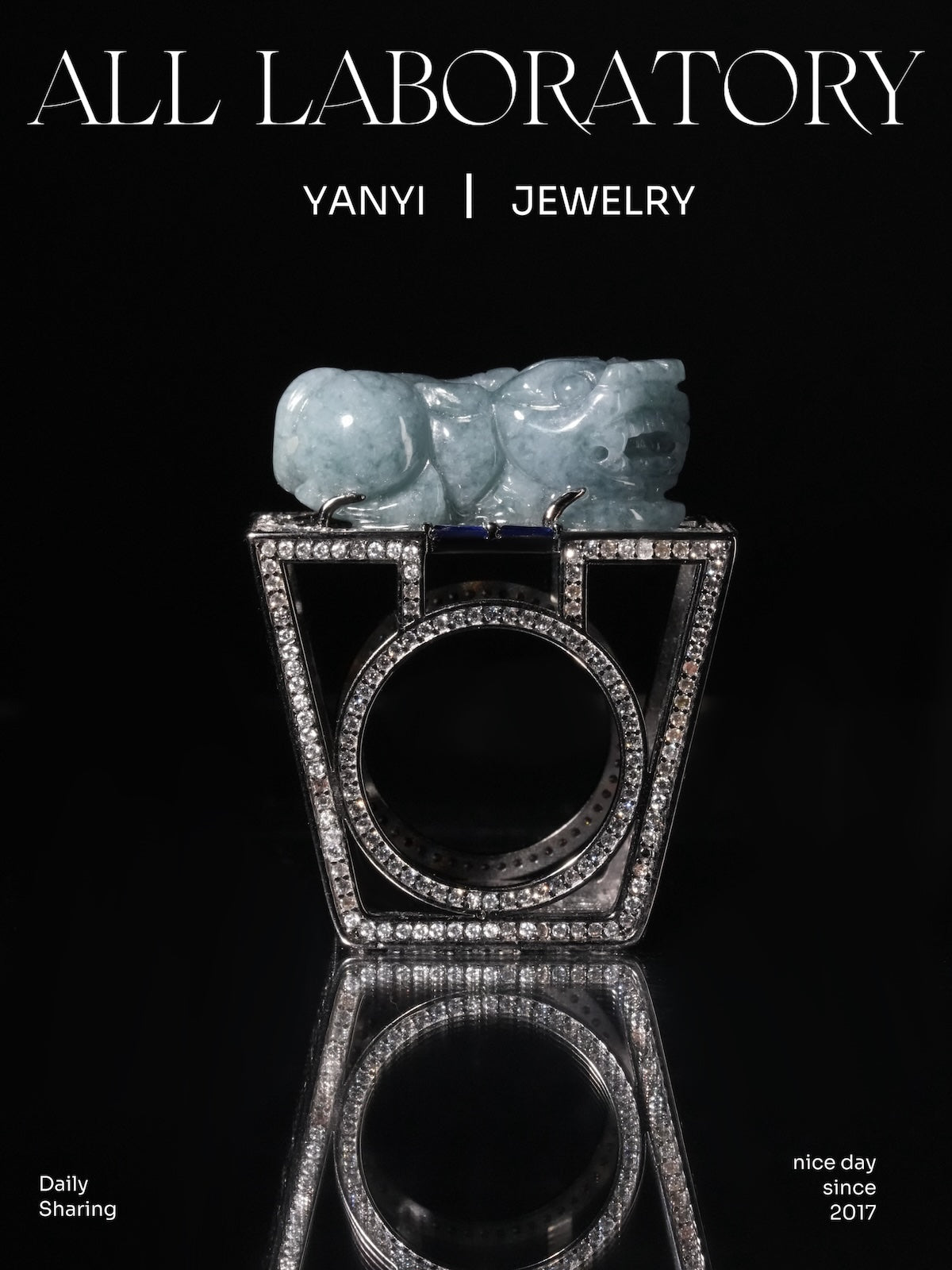 Icy Blue Jade Pixiu Ring with Moissanite Chinese Window Lattice Setting