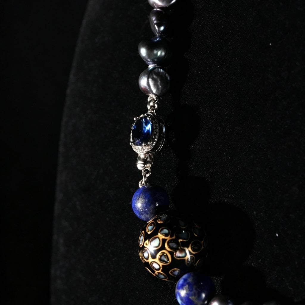 3K Gold Lapis Lazuli Freshwater Pearl & Lacquer Bead Necklace, Lab Grown Sapphire Clasp Statement Jewelry