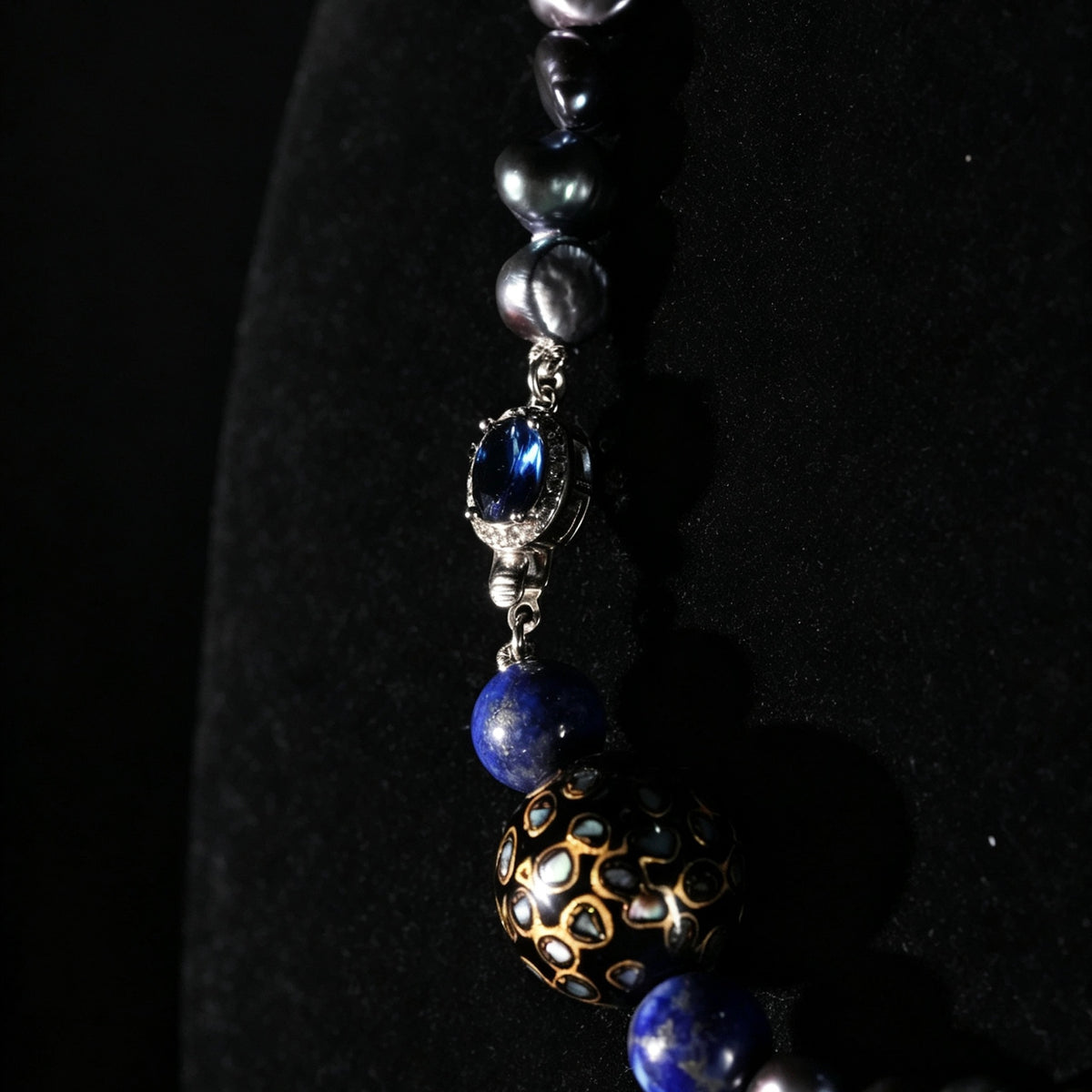 3K Gold Lapis Lazuli Freshwater Pearl & Lacquer Bead Necklace, Lab Grown Sapphire Clasp Statement Jewelry