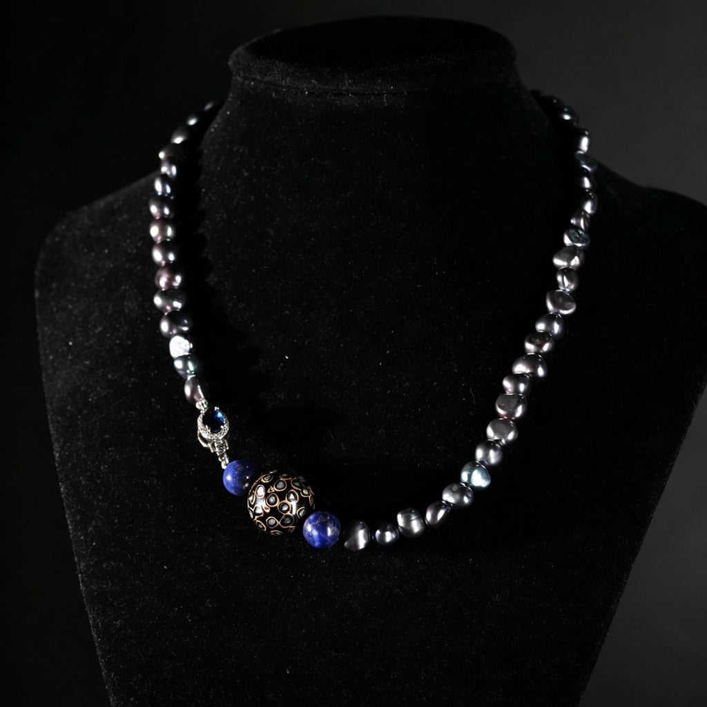 3K Gold Lapis Lazuli Freshwater Pearl & Lacquer Bead Necklace, Lab Grown Sapphire Clasp Statement Jewelry
