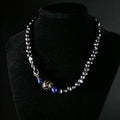 3K Gold Lapis Lazuli Freshwater Pearl & Lacquer Bead Necklace, Lab Grown Sapphire Clasp Statement Jewelry