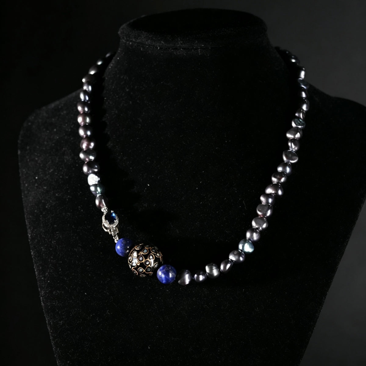 3K Gold Lapis Lazuli Freshwater Pearl & Lacquer Bead Necklace, Lab Grown Sapphire Clasp Statement Jewelry