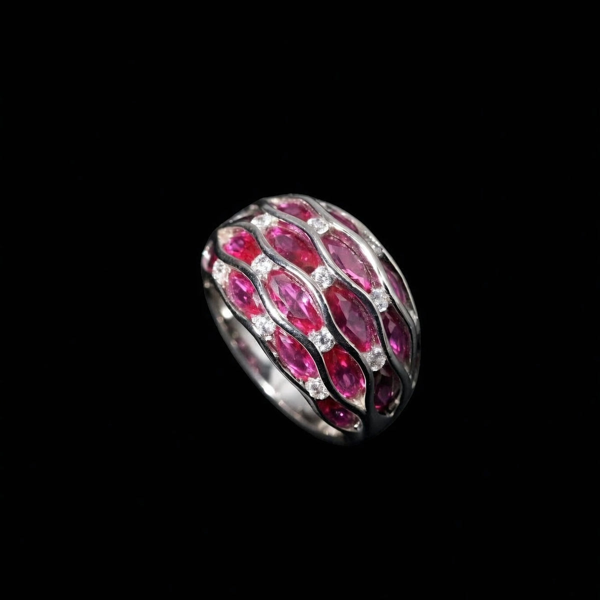 3K Gold Curved Openwork Lattice Band Ring, Natural Fuchsia Crystal Multi-Stone Statement Ring