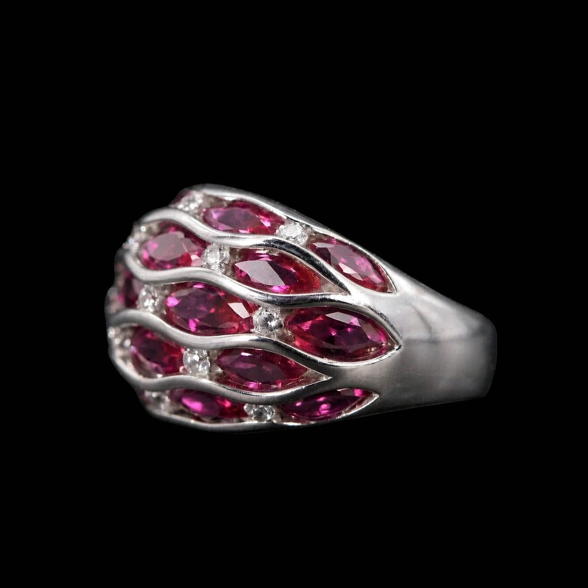 3K Gold Curved Openwork Lattice Band Ring, Natural Fuchsia Crystal Multi-Stone Statement Ring