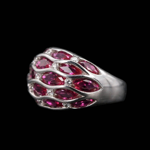 3K Gold Curved Openwork Lattice Band Ring, Natural Fuchsia Crystal Multi-Stone Statement Ring