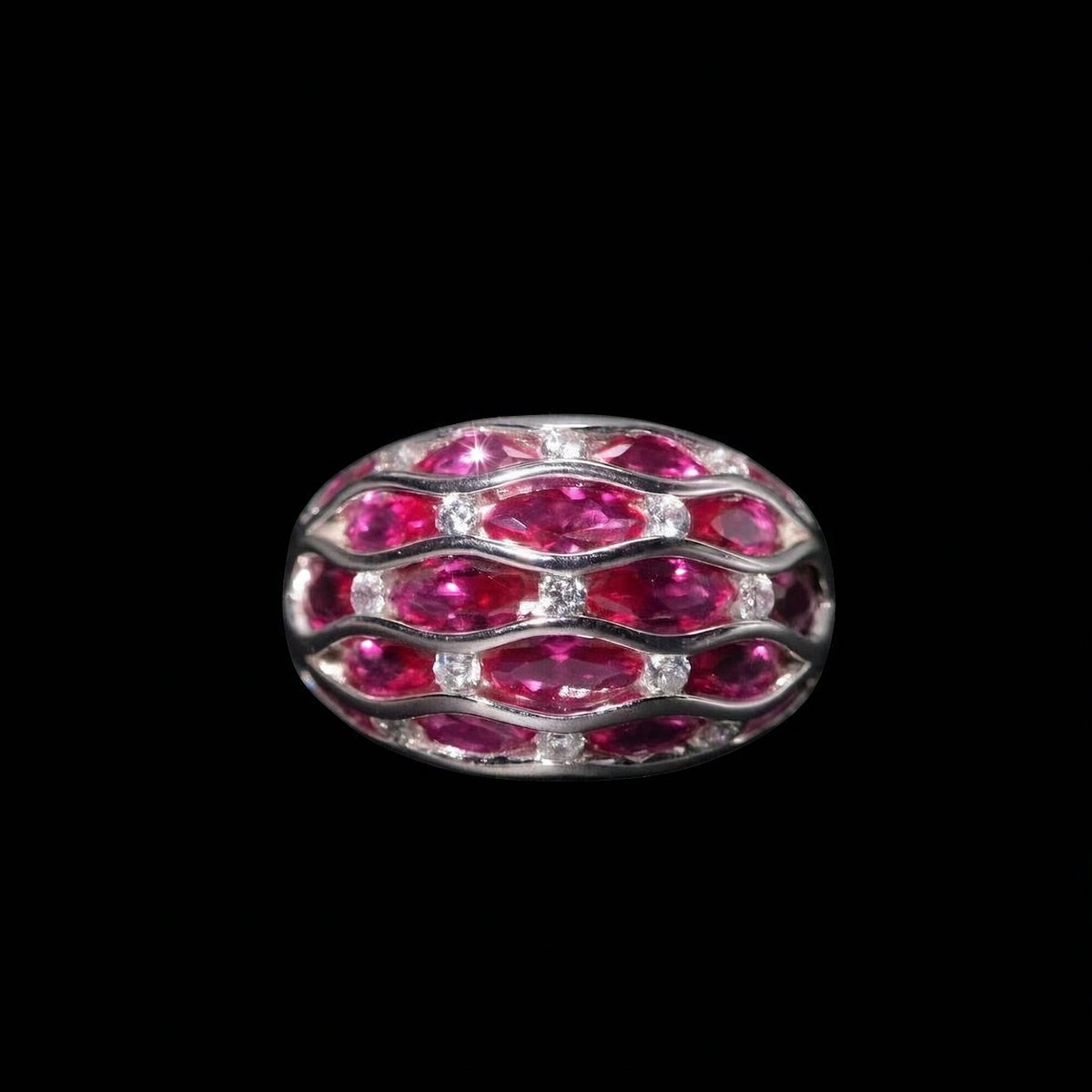3K Gold Curved Openwork Lattice Band Ring, Natural Fuchsia Crystal Multi-Stone Statement Ring