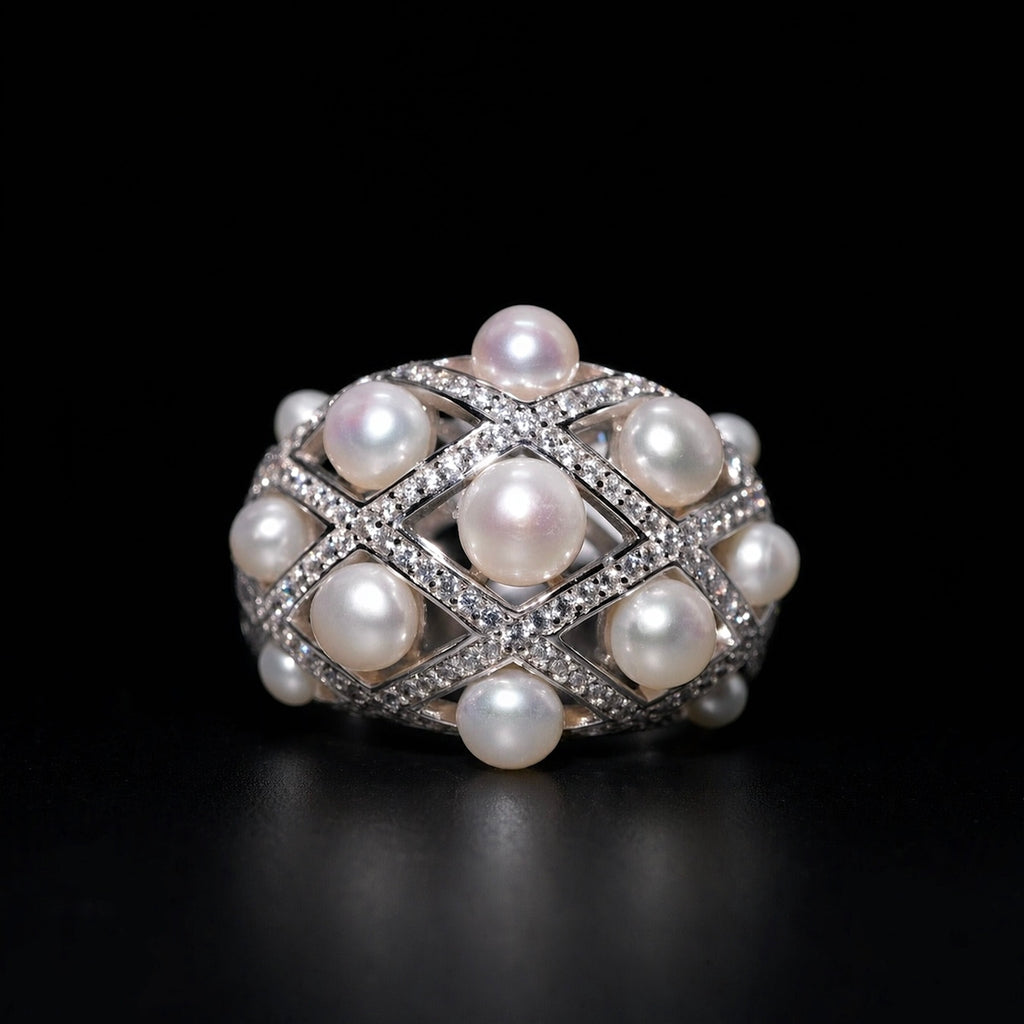 3K Gold Crisscross Openwork Natural Freshwater Pearl Statement Ring, Elegant Hollow Designer Ring for Women