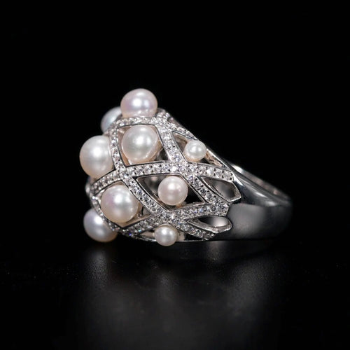 3K Gold Crisscross Openwork Natural Freshwater Pearl Statement Ring, Elegant Hollow Designer Ring for Women