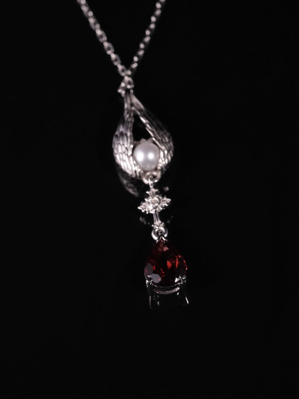 3K Metal Gothic Wing Teardrop Red Garnet Freshwater Pearl Pendant Necklace, Vintage Cross Gemstone Necklace