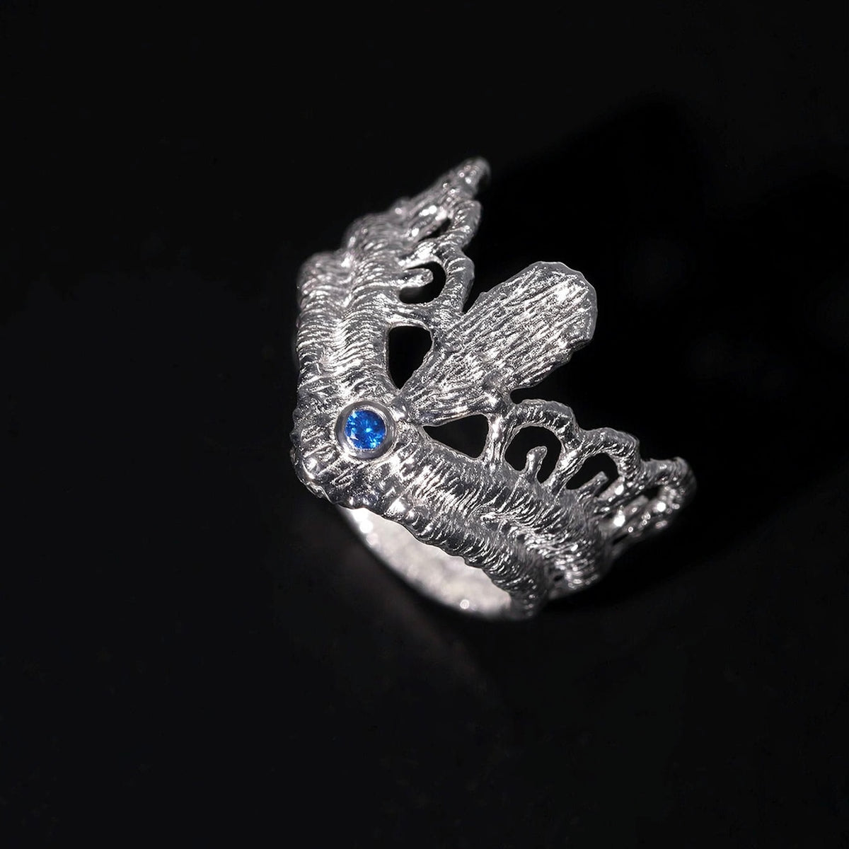 3K Gold Crown Shaped Textured Open Band Sterling Silver Ring, Lab Grown Sapphire Statement Ring, Handcrafted Irregular Hollow Ring