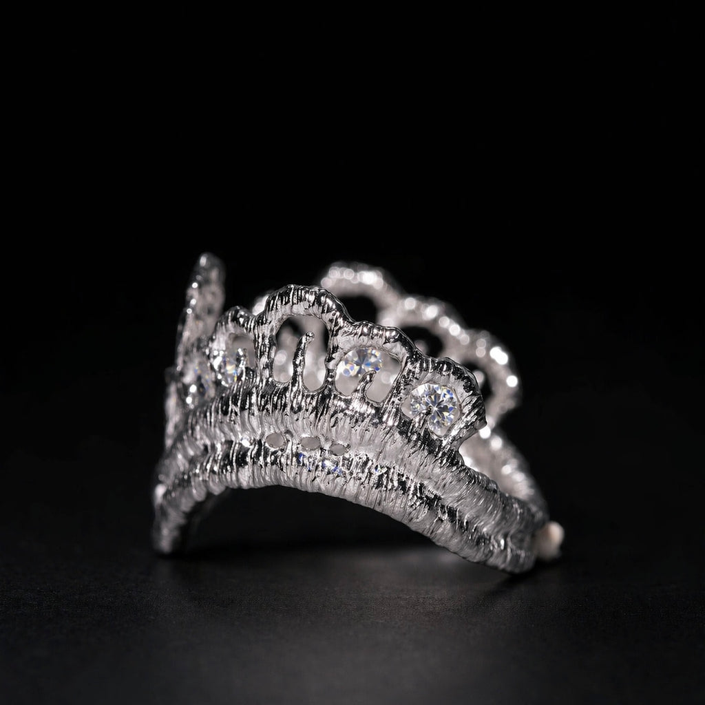 3K Gold Crown Shaped Textured Open Band Sterling Silver Ring, Lab Grown Sapphire Statement Ring, Handcrafted Irregular Hollow Ring