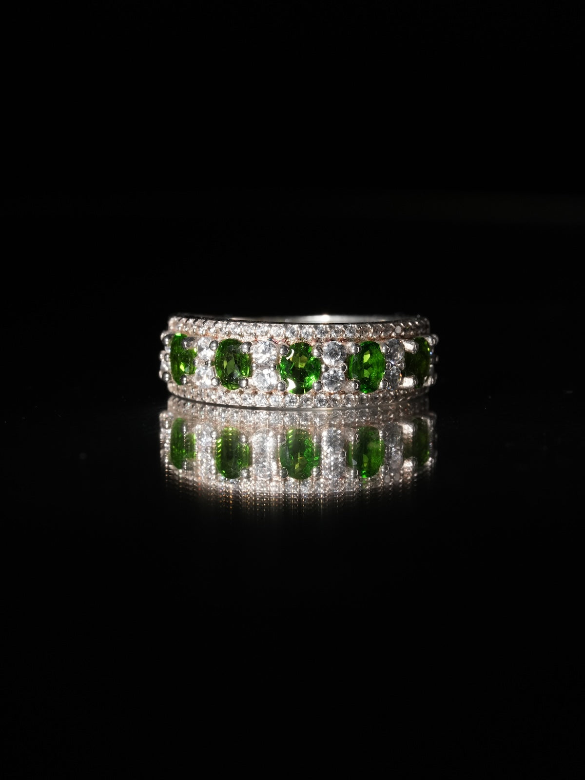 3K Gold Pavé Band Ring, Natural Diopside Band Ring, Paved Moissanite Accent Statement Jewelry